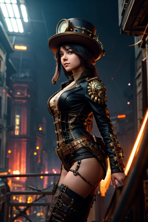 (American Shot), Beautiful Steampunk Girl, Steampunk Fantasy, (Very Light Eyes), A Beautiful Steampunk Goddess, (Small Breast), ((Small Hips)), height 5' 3'' inches, Walking Towards the Camera, (Looking At Camera), Wearing a large number of steampunk accessories on clothing that glow or are illuminated, Steampunk Digital Art, Mechanized Valkyrie Girl, very warm atmosphere image, orange tones, with a guy in movie poster pose carrying guns.
