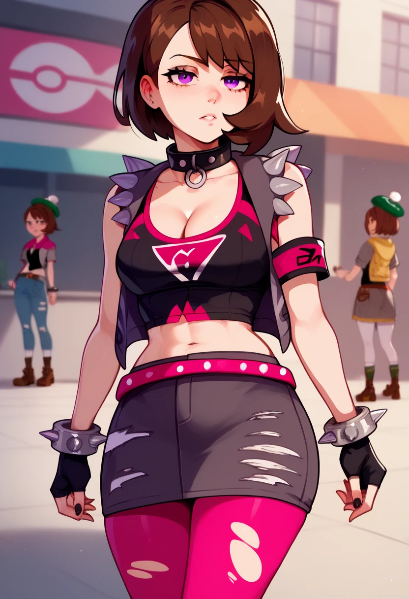 ((Nsfw)), 1girl, gloria_pokemon, brown hair, purple eyes, no pupils, half-closed eyes, empty eyes, armband, collar, ((pank black vest, black crop top)), cleavage, fingerless gloves, torn clothes, spiked bracelet, belt, black skirt, pink pantyhose, black boots, cowboy shot,