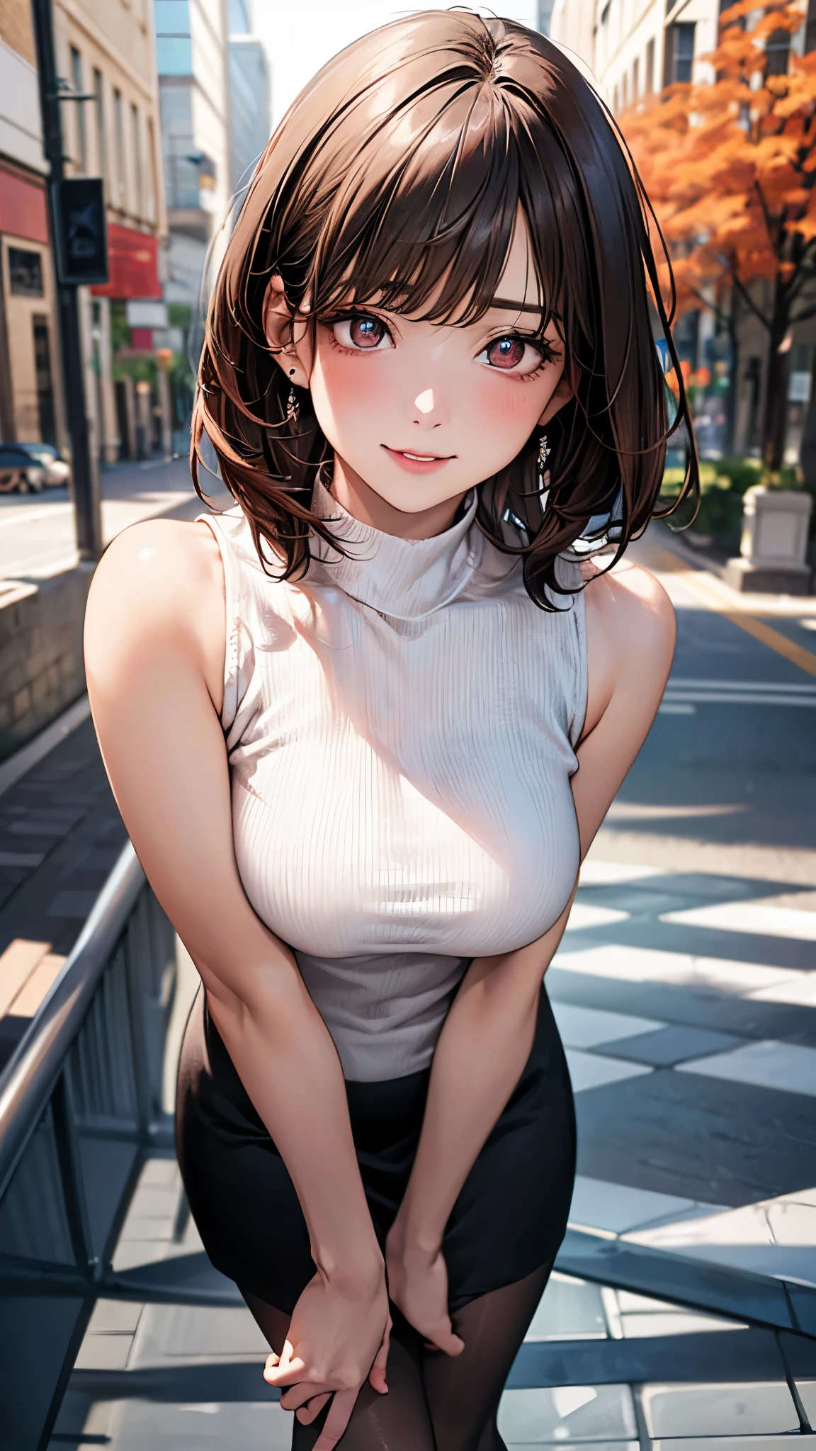 girl in summer clothes, t-shirt, leggins, making as if she wants to kiss you, (girl bending down looking at the camera), medium breasts, cleavage, random background, flirtatious look, ((very detailed)), (perfectly detailed face), (well detailed hand) photorealistic image.