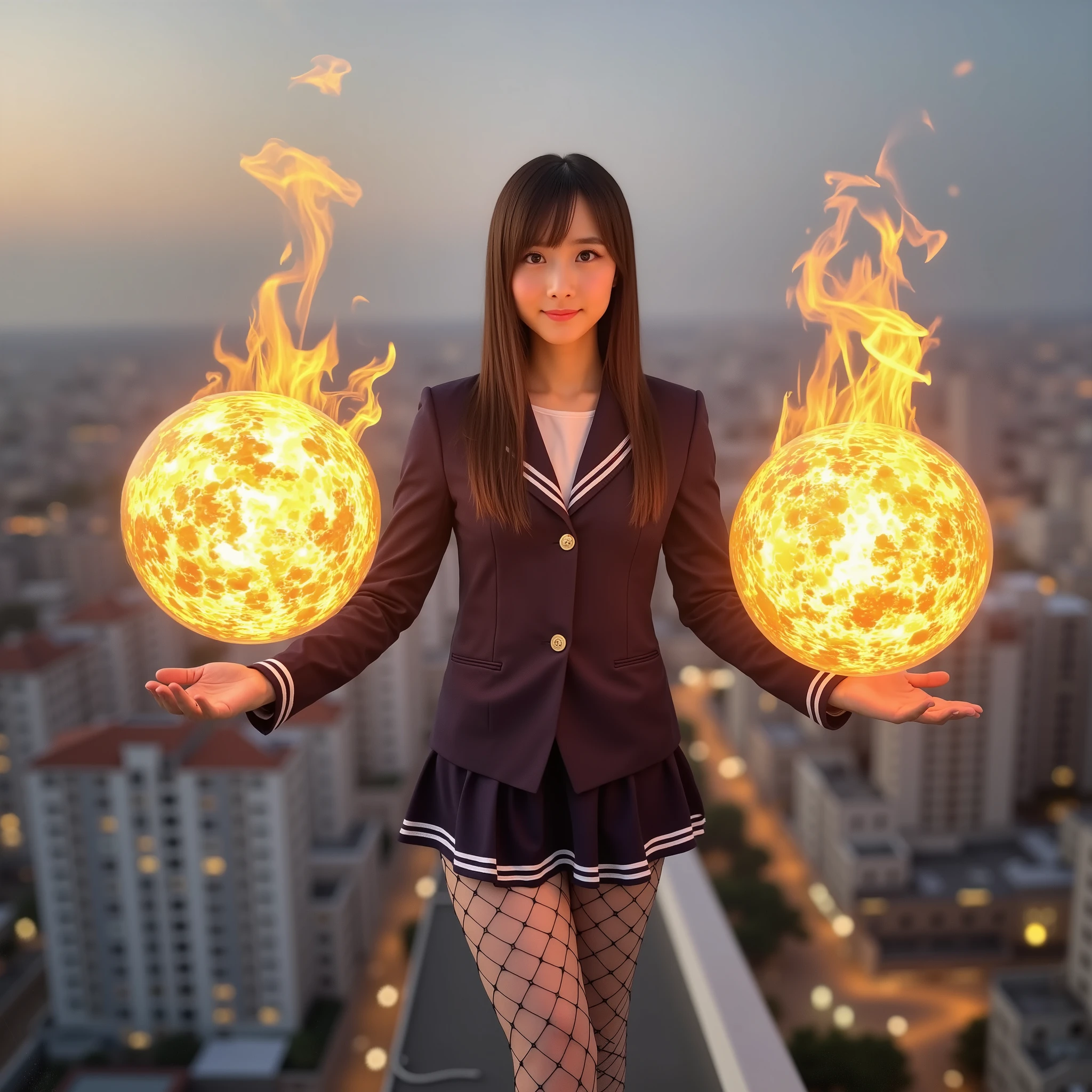  building standing on the edge, High school girl injecting large balls of fire with magic from both hands,  wearing a high school girl uniform :1.37,  fishnet tights, Kamehame Wave Pose:1.37