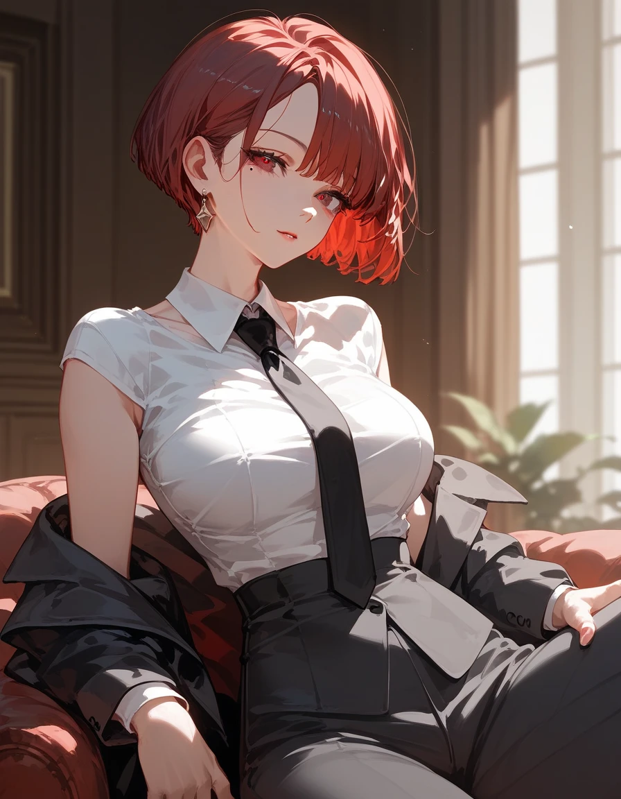 1 person,girl,Short hairบ๊อบ,Short hair, in red eyes ,Mole under the eye, breasts size,Suit,I closed one side., white shirt,Black tie, Trousers, dark edges,