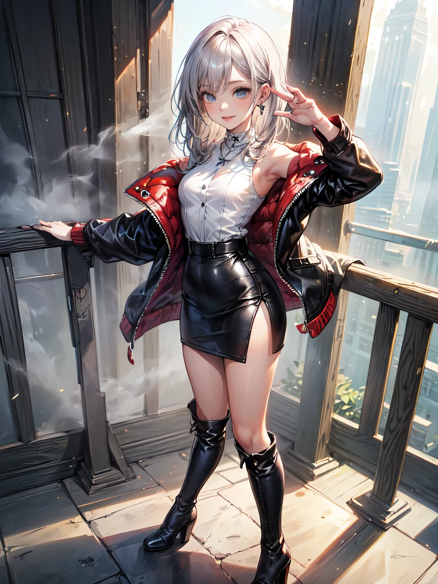 Girl with long white hair down to her waist, with small red details, red eyes, long black dress with a leg slit, with red details, long black boots up to below the knees, white skin, the ground around her is cracking and small stones are floating around her surrounded by a black aura, she is surrounded by shadows, and the background is dark like the night with the universe and stars, her presence causes fear, her shadow appears to be a monster, 8k, high quality, full body, (ultra-realistic), {extremely detailed 8k CG unit wallpaper}, expansive landscape photograph, (light: 2.0), (warm light source: 1.5), complex details, (iridescent colors: 1.5), (bright lighting), (atmospheric lighting), surreal, impressive, fantasy, (Solo: 1.2), White moon