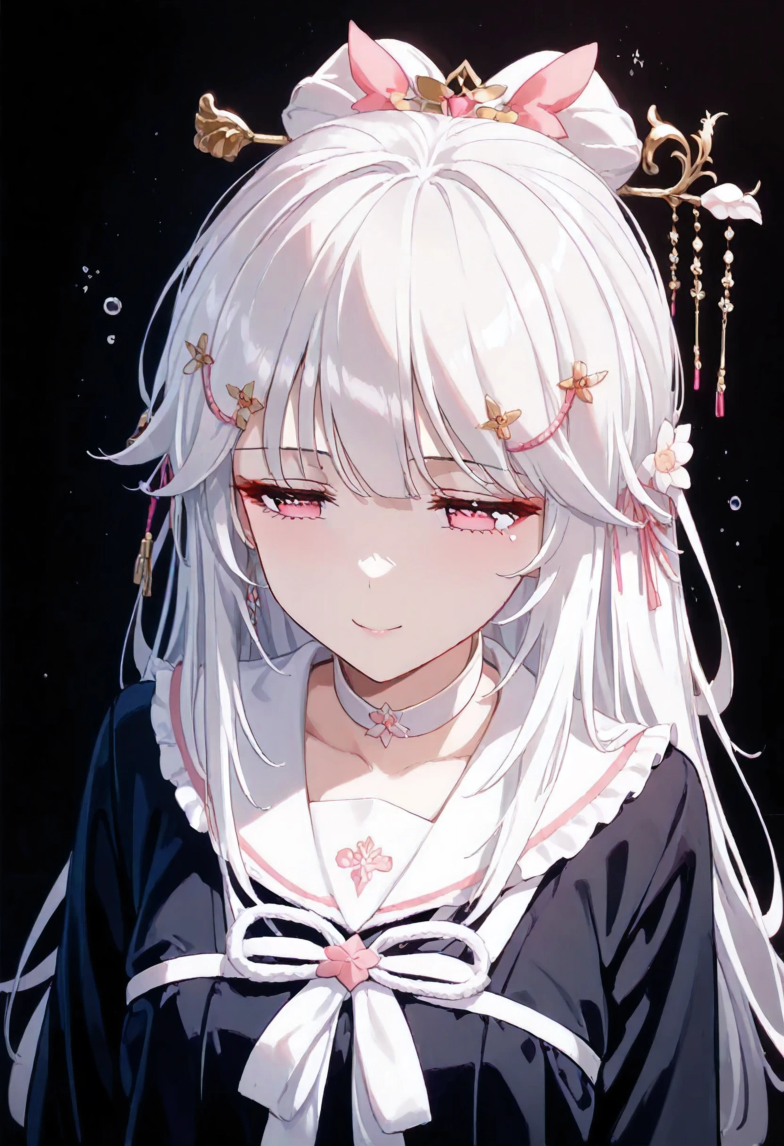 UN\(EOE\),one girl,solo,best quality, masterpiece,score_9, score_8_up, score_7_up, score_6_up, score_5_up, score_4_up ,,break,1girl,(dark background), (shaded Lighting),,break, incredibly_absurdres, ,very high resolution, very aesthetic,by famous artist, 8k, 16k,,beauty illustration,photoshop_(small),,(pink eyes:1.2),(white hair|Detailed hair|long hair|hairpin|hair tied up|updo),(school uniform,sleeves frills,white collar),(sleepy, depressed,smile,jitome),dilated pupils, empty eyes,one mole under eye,hair over one eye,intense angle, f/16, Canon,upper body