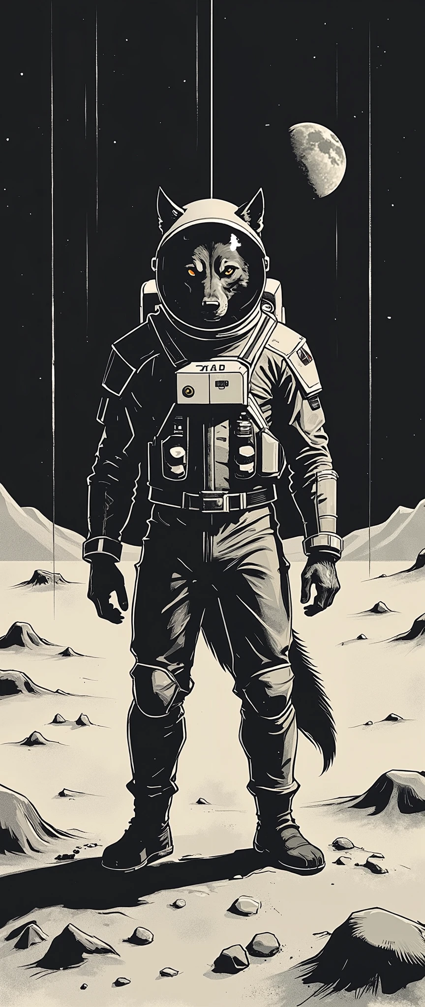 (masterpiece:1.2,Superior Quality, Mirror Finish , Cinematic Experience , Best Illustrations :2.0), super high resolution , super detailed,8k, wallpaper,(Werewolf standing on the moon in a spacesuit:2.0),( minimalist:2.0),( comical :2.0),( line art :2.0),( manga style:2.0),(Cute illustrations:2.0),( graphic novel with evolved vehicles:2.0),(Raise a flag on the surface of the moon)