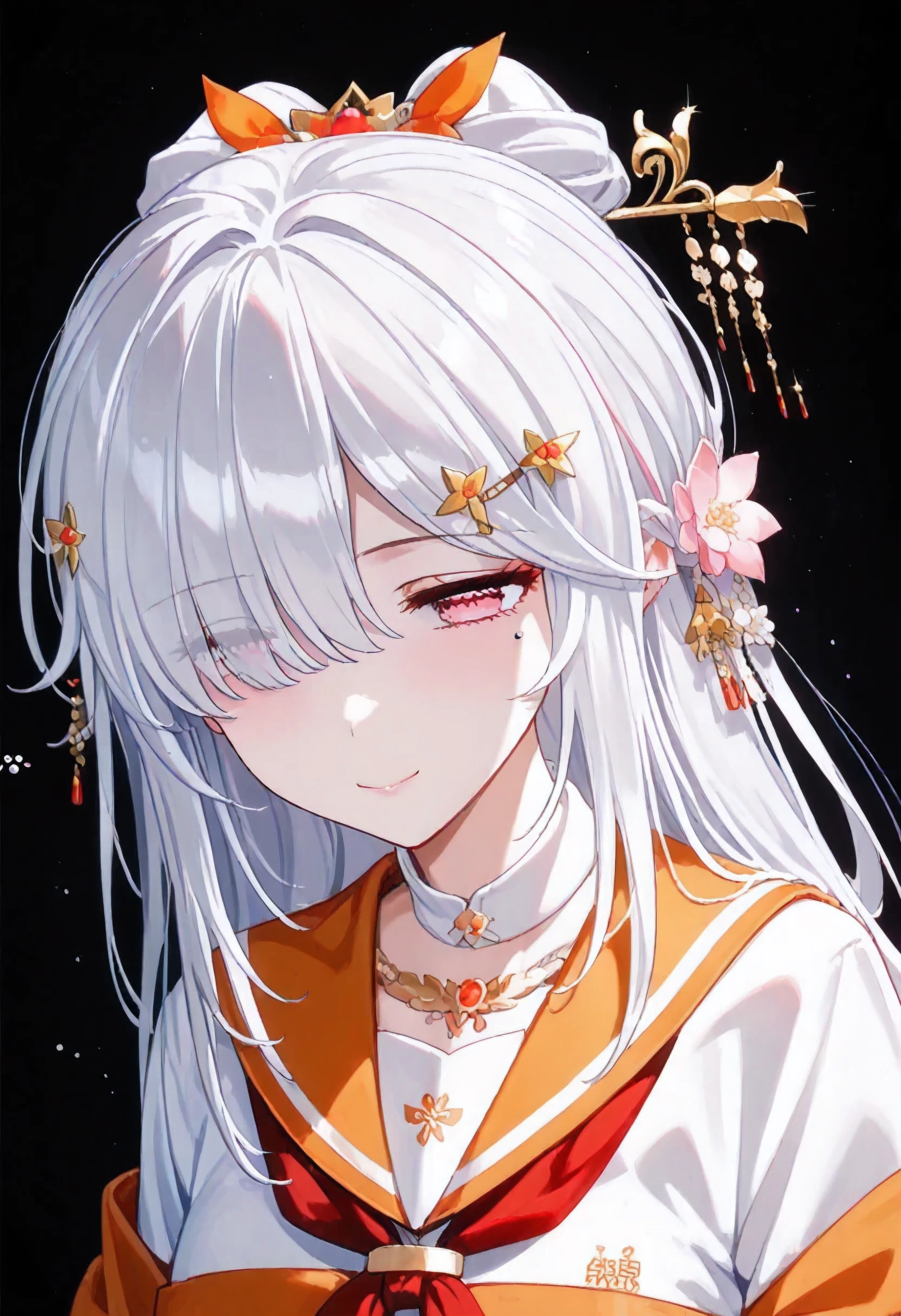 UN\(EOE\),one girl,solo,best quality, masterpiece,score_9, score_8_up, score_7_up, score_6_up, score_5_up, score_4_up ,,break,1girl,(dark background), (shaded Lighting),,break, incredibly_absurdres, ,very high resolution, very aesthetic,by famous artist, 8k, 16k,,beauty illustration,photoshop_(small),,(pink eyes:1.2),(white hair|Detailed hair|long hair|hairpin|tied up|updo),(orange school uniform,white collar),(sleepy, depressed,smile,jitome),dilated pupils, empty eyes,one mole under eye,hair over one eye,intense angle, f/16, Canon,upper body