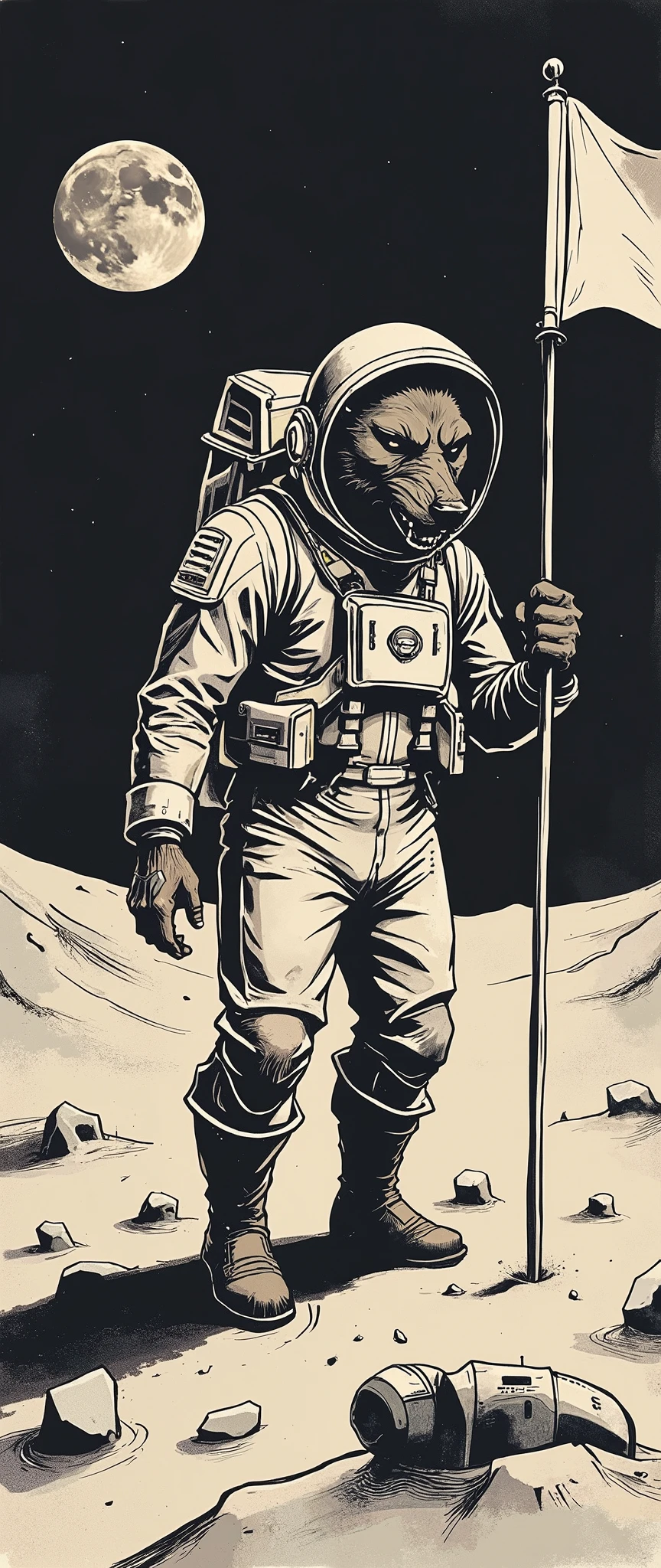 (masterpiece:1.2,Superior Quality, Mirror Finish , Cinematic Experience , Best Illustrations :2.0), super high resolution , super detailed,8k, wallpaper,(Werewolf standing on the moon in a spacesuit:2.0),( minimalist:2.0),( comical :2.0),( line art :2.0),( manga style:2.0),(Cute illustrations:2.0),( graphic novel with evolved vehicles:2.0),(Raise a flag on the surface of the moon)