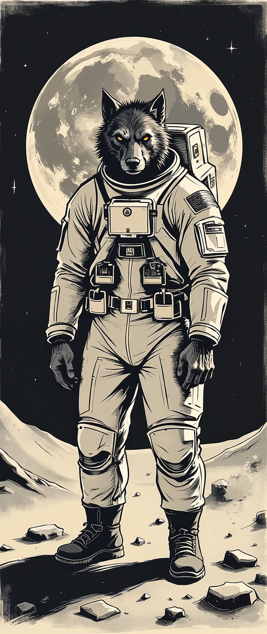 (masterpiece:1.2,Superior Quality, Mirror Finish , Cinematic Experience , Best Illustrations :2.0), super high resolution , super detailed,8k, wallpaper,(Werewolf standing on the moon in a spacesuit:2.0),( minimalist:2.0),( comical :2.0),( line art :2.0),( manga style:2.0),(Cute illustrations:2.0),( graphic novel with evolved vehicles:2.0),(Raise a flag on the surface of the moon)