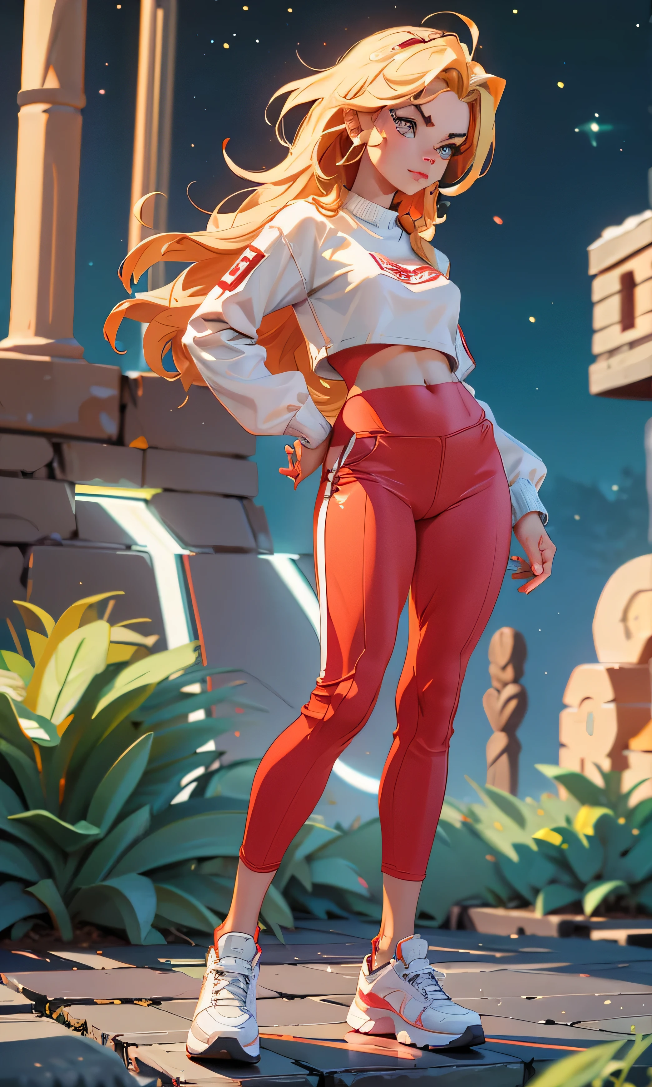 Masterpiece, 1 girl, beautiful, slim, head on, watching the spectator, long hair , blond hair , brown eyes, arched eyebrows , full body , pretty legs, abdomen plano, sports shoes , white top, Crop top, top with thin straps, red tube pants , red pants, crooped tube pants , crapi pants , ankle pants , (((desnuda))), outside a castle, Outside a castle, dark sky,