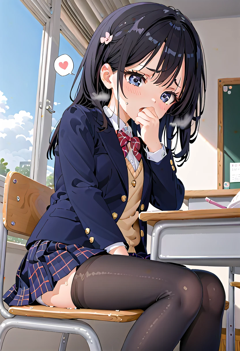 (masterpiece,beautiful,hughres,CG,8k,16k,best quality,high-resolution,detailed fingers,detailed hands,detailed legs,detailed eyes:1.5),from side,panties focus,1girl,Alone,(During class,classroom,school,School Chair:1.5),(School Chairに座る,Extend your legs on a chair:1.2),(black hair,school uniform,white shirt,blazer,ribbon,black tights,pleated skirt,black skirt:1.2),(white panties:1.2),small breasts,sitting,(Lean back,Lean on the back of a chair,reclining:1.1),(MASTURBATING UNDER PANTIES:1.2),(My legs:1.2),(legs up:1.1),(knees to chest:1.1),hand over own mouth, covering own mouth,(female orgasm,pussy juice:1.3),(trembling:1.4),(gasping,heavy breathing,blush:1.5),(impatience1.1),flustered,(fidgeting around:1.4),(steam:1.2),(sweat skin:1.4),(streaming tears:1.2),drooling,(looking down:1.4),(spoken heart:1.2),(narrow one's eyes:1.6)