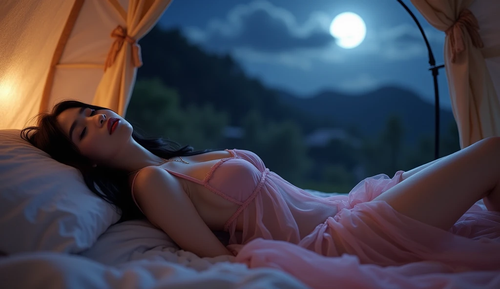 high quality,8k Ultra, delicate lightstar, shining at night,  A dreamy and ethereal image of a woman sleeping under the stars, Bed, window, mesh bra, White  bra, Brown hair, skyblue Color Moon, the whole body, korean woman,White skin color,