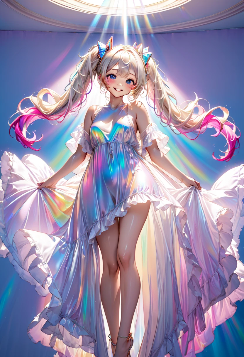 beautiful woman, shiny silky fluffy loose messy wavy twin tails, amorous and lewd expression, cute smile, superlative great body proportion, wearing iridescent ivory loose baggy satin dress on bare skin, fluffy pastel colorful colored room background, effective effects, bold and dynamic, contrasts of light and shadow, 2.5D, ultra detailed, absolutely resolution, masterpiece