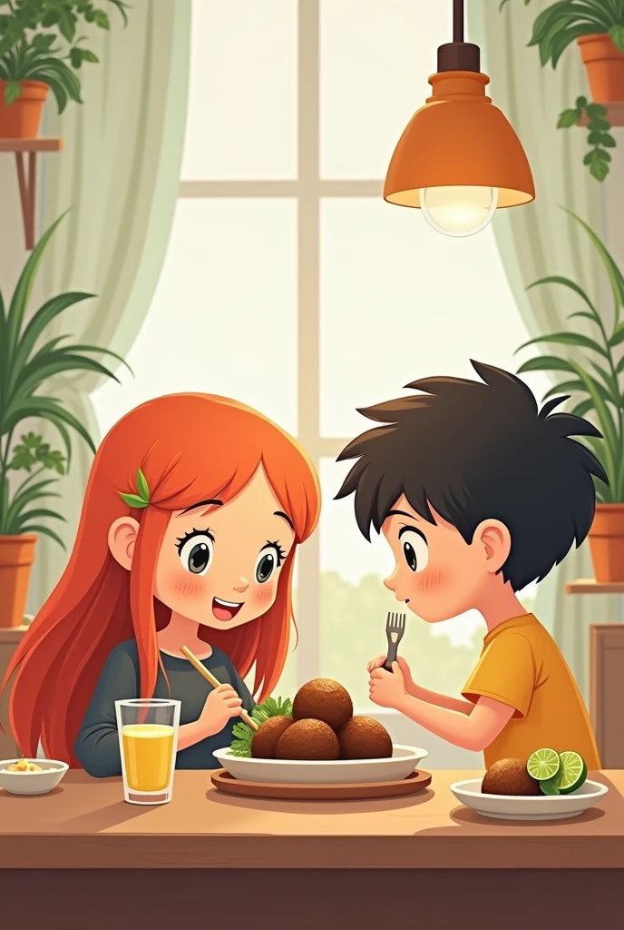 boy with black hair medium lenght and girl with dark red hair eating a kebab at the table
