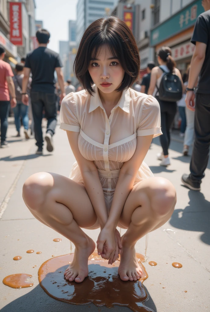 24years old Japanese girl, Black bob hair hair,wearing only yelox pantyhose,shrtsless,black high heels, White of the eyes with tongue out,Nipples being played with by hand, Old and dark mansion,full shot