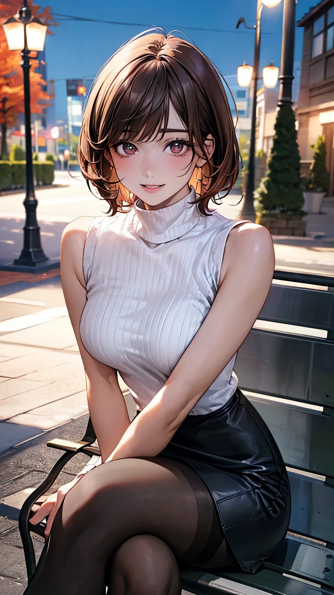(masterpiece:1.2, highest quality), (Realistic, photoRealistic:1.4), Beautiful illustrations, (Natural Side Lighting, Cinema Lighting), 
View Viewer, whole body, Front view:0.6, 1 girl, Japanese, office worker, reception, Perfect Face, Cute and symmetrical face, Sunburn, Shiny skin, 
(short hair, Half Up, Brown Hair), Swept-apart bangs, Light brown eyes, Long Eyelashes, (Medium ?????), thin, 
Beautiful Hair, Beautiful Face, Beautiful fine details, Beautiful clavicle, Beautiful body, Beautiful ???????, Beautiful thighs, Beautiful feet, Beautiful fingers, 
(Sleeveless high neck white top), (Light purple pleated skirt), Earrings, Red hair ribbon, 
(Beautiful views), Big break, (Modern cafe indoors), Cityscape of windows, (Sitting), (Cute smile),