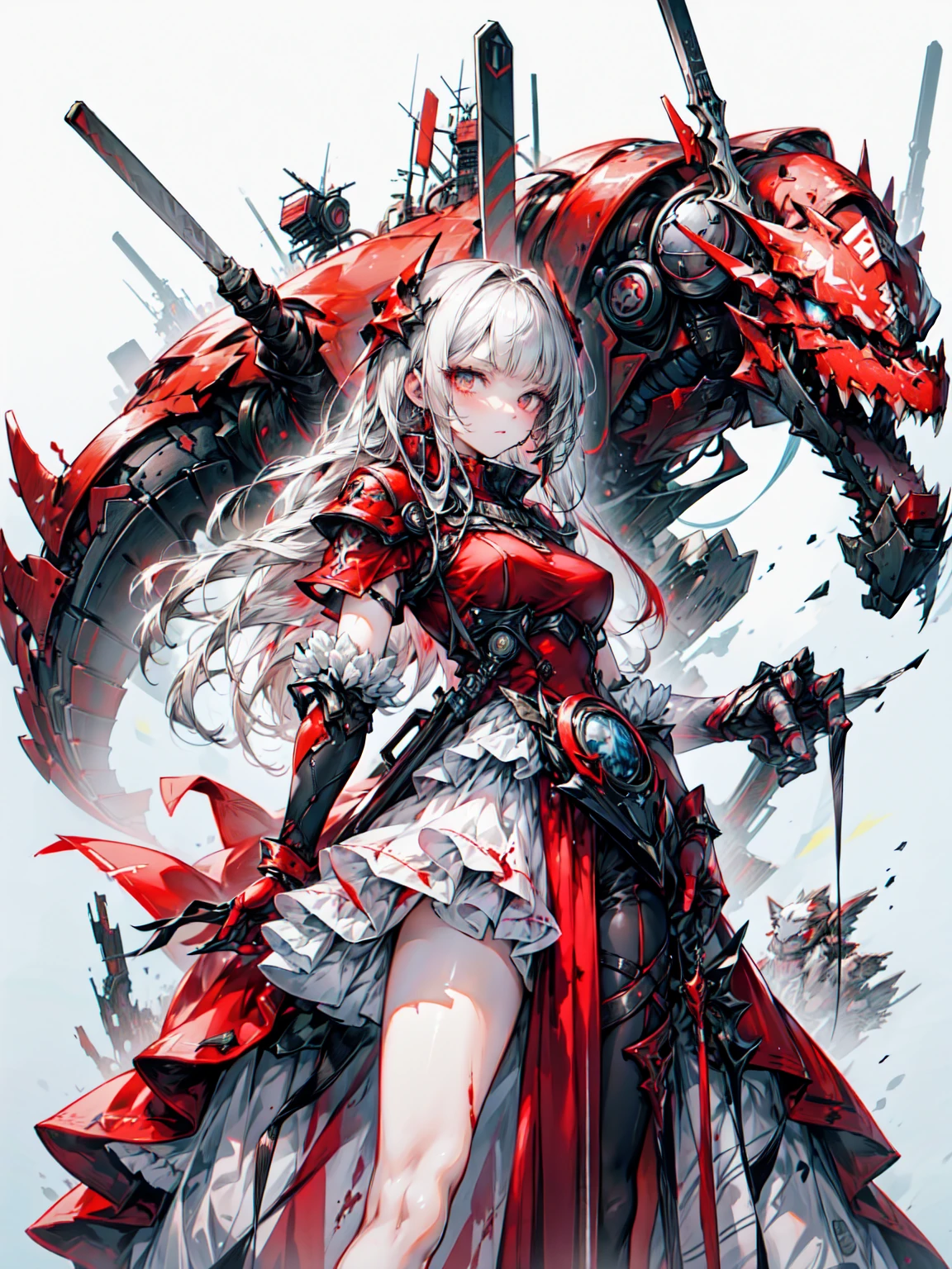 Little Red Riding Hood、super high quality、8K quality、High resolution、Image quality captured with a single-lens reflex camera、(software)、Perfect Anatomy、(1. テーマはLittle Red Riding Hoodを着たゴシックパンクガール)Beautiful blonde 20 year old girl.Orange eyes、(Good shape、Normal chest、Cleavage)、(Black mechanical parts for arms and legs、3D, Realistic mechanical parts)(Mechanical parts wings on the back)(Equipped with a chainsaw:1.2)break、(Perfect Anatomy:1.4)break(Rear view、Recall、avert your eyes:1.3)Petals flutter(Smoke rising from the battlefield、Twilight Girl:1.5)