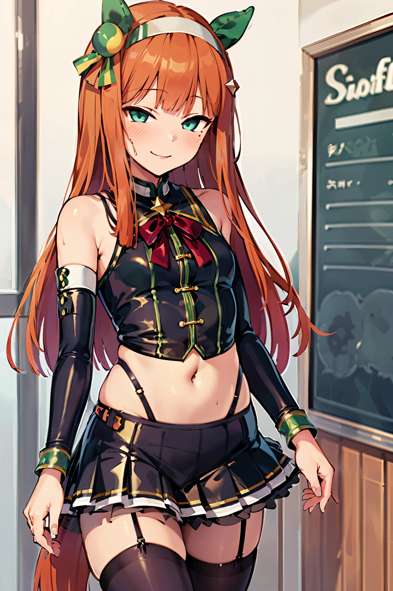 NSFW,masterpiece, top quality, high definition , very detailed , silence Suzuka \(Horse Girl\), maid outfit , crop top, miniskirt,smile, coffee shop