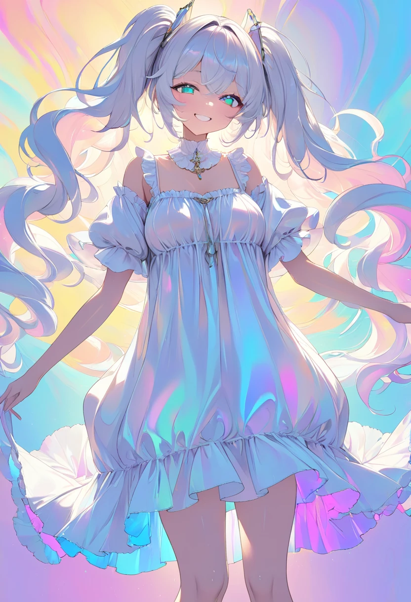 beautiful woman, shiny silky fluffy loose messy wavy twin tails, amorous and lewd expression, cute smile, superlative great body proportion, wearing iridescent ivory loose baggy satin dress on bare skin, fluffy pastel colorful colored room background, effective effects, bold and dynamic, contrasts of light and shadow, 2.5D, ultra detailed, absolutely resolution, masterpiece