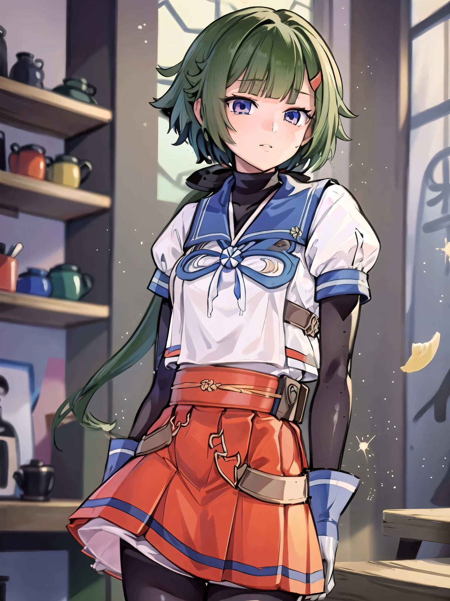 Highest quality, masterpiece, High resolution, alone, (Hiei Kai-2_Fleet Collection:1.15), オレンジ色hair, hairband, headgear, Non-traditional_Shrine maiden, smile, green_eye, Inverted up_hair, smile, One Girl, dependent_sleeve, green_skirt, Plaid, Plaid_skirt, ribbon-trimmed_sleeve, ribbon_trim, skirt, (indoor, office, living room), 