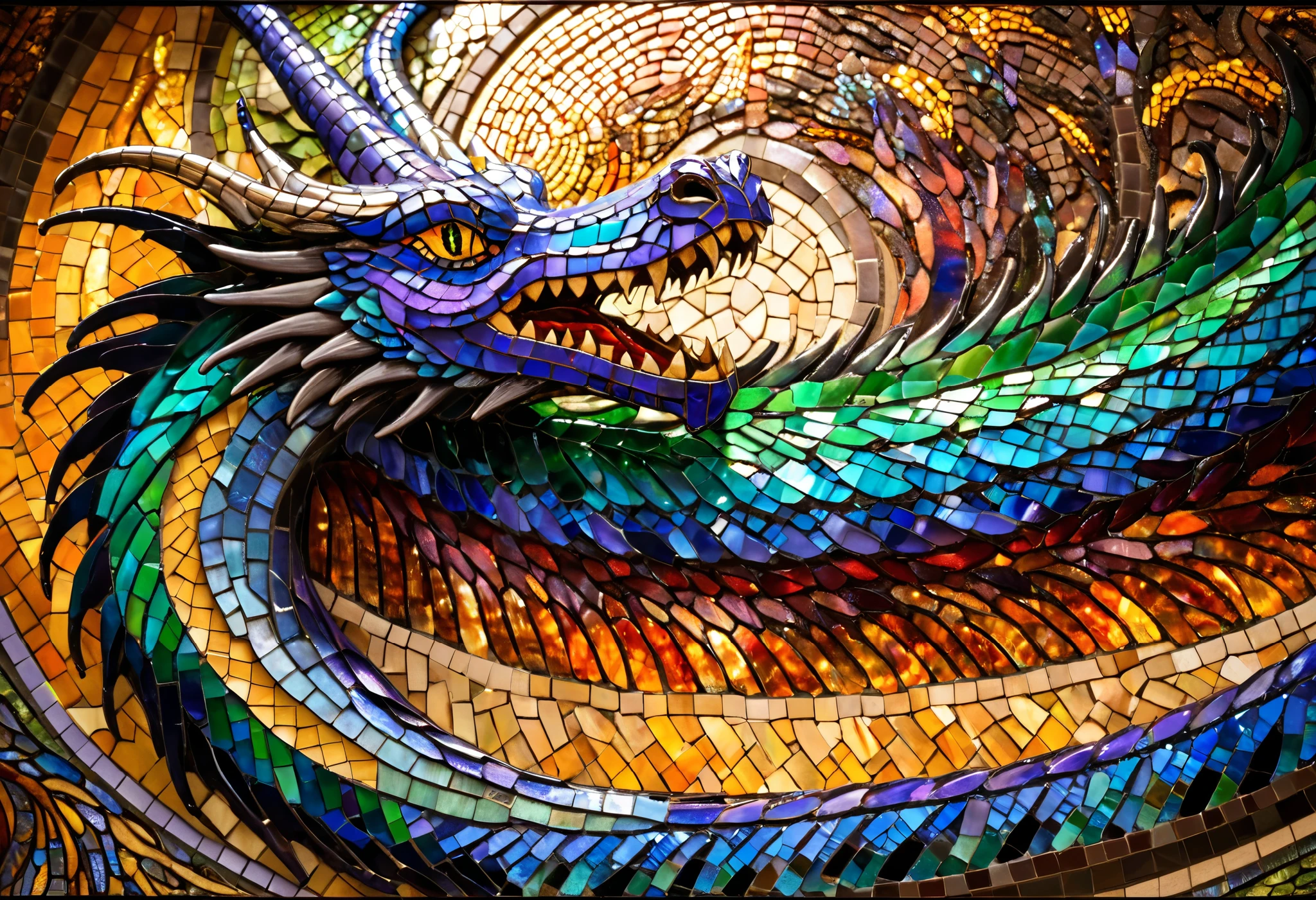 a close up of a dragon Mosaic of , a mosaic inspired by Louis Comfort Tiffany, Pixabay Contest Winners, Pixel Art , Dragon Art, A giant dragon in the background , majestic gothic dragon , stained glass art , Dragon in Dragon's Den, fire stain glass , Smaug, dragon oil painting , Mosaic of
