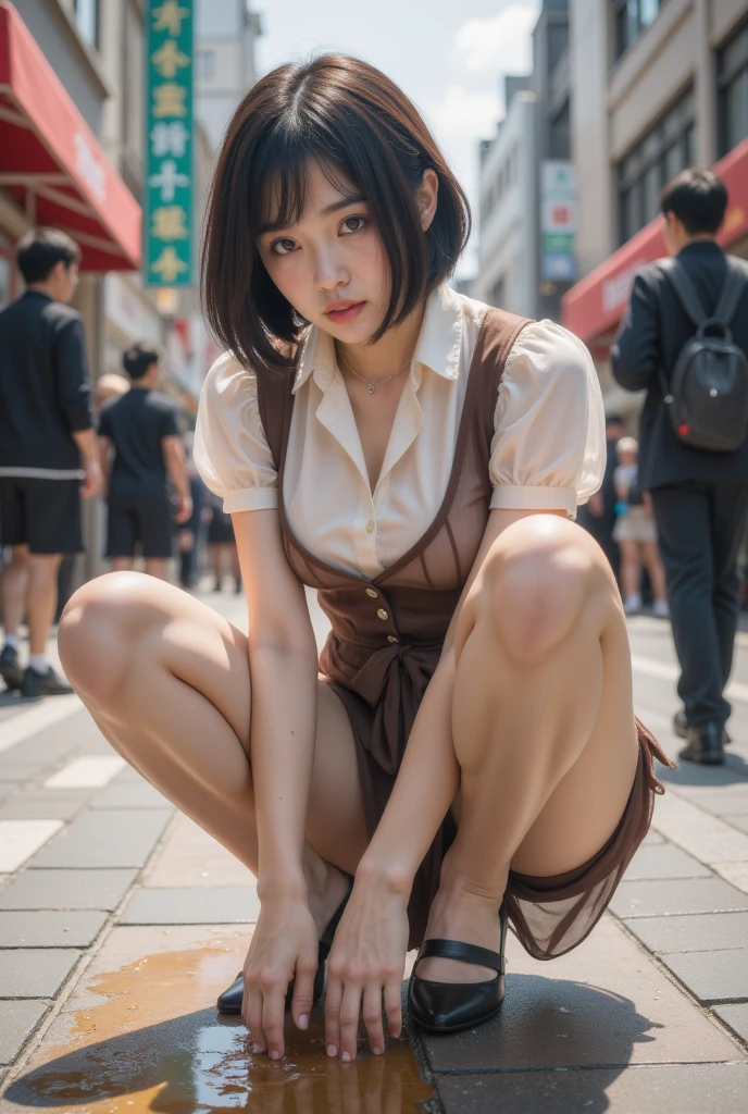 ((top-quality、8K、masterpiece:1.3))、1girl in、(Hairstyle Casual、Colossal tits:1.2)、Super fine face、Delicat eyes、二重まぶた、The best smile、Home、Bright red lipstick、Colossal tits、Tea Bag、nakeness、Fine Art、Artistically、A dark-haired、Opening legs、squatt、nakeness、、crouching down、high-heels、Pure white panties、