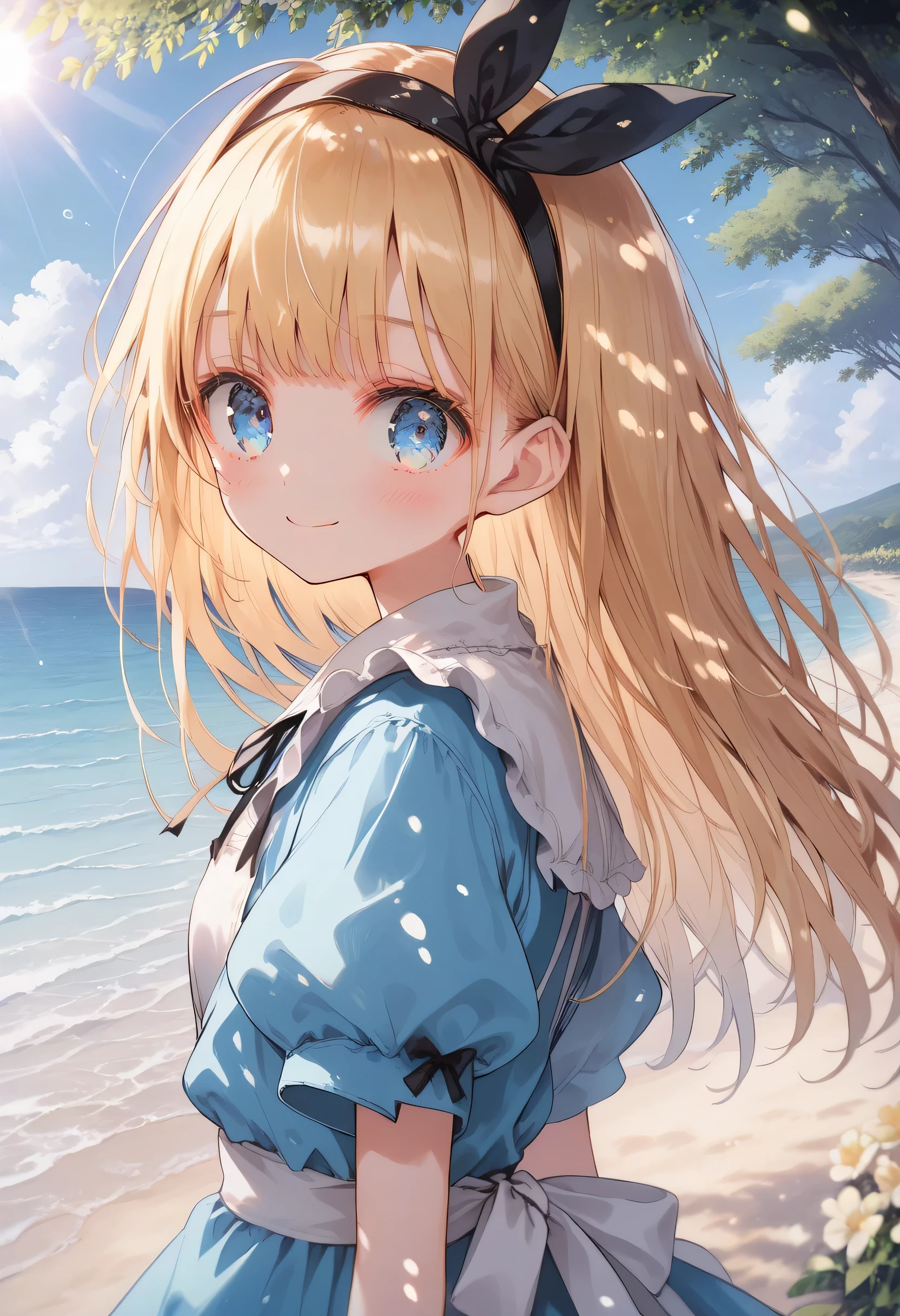 [  WAI-ANI-NSFW-PONYXL  :100],
score_9, score_8_up, score_7_up, score_6_up, score_5_up, score_4_up, masterpiece, best quality, source_anime,
alone,cute 1girl,(loli),blonde hair,straight long hair,blunt bangs,Black ribbon hairband,blue eyes,blush, smile,( Alice in Wonderland costume ), black and white striped stockings,pastel hues,walking in the seaside path,blurred edges,nostalgic mood,(dappled sunlight:1.2),blurry,(depth of field:1.1),Delicate rural landscape ,blue sky,arched back、 beautiful flower field on one side 、Look down and smile、リフトスカート、(beautiful detailed eyes)