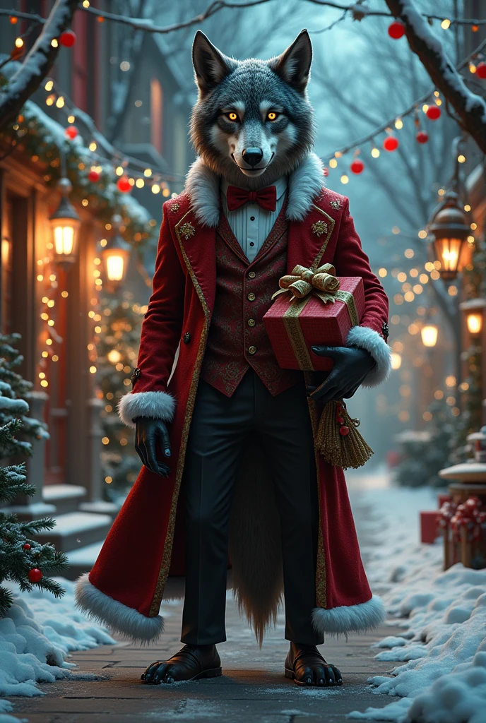 an elegant werewolff wearing a Christmas suit and holding a bag of gifts, Christmas decoration at night
