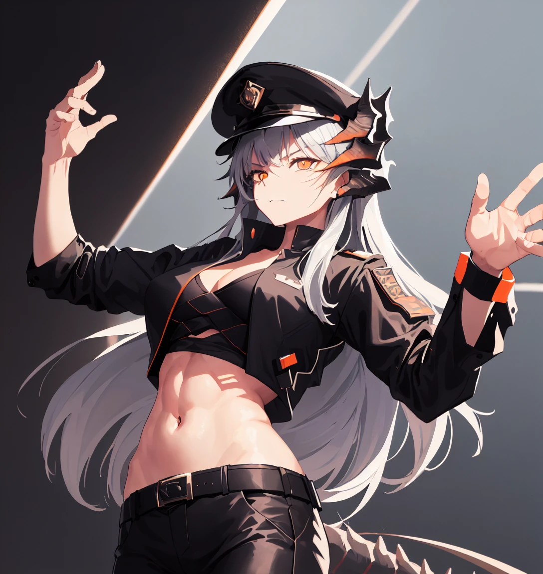 1girl, breasts, solo, tail, saria_(arknights), official_alternate_costume, horns, long_hair, hat, grey_hair, looking_at_viewer, open_clothes, pants, dragon_horns, dragon_tail, open_shirt, shirt, white_background, black_pants, simple_background, no_bra, orange_eyes, navel, black_headwear, spread_legs, dragon_girl, hair_between_eyes, uniform, peaked_cap, black_shirt, belt, police_hat, medium_breasts, closed_mouth, sittingThe image shows an anime character with long gray hair. He is wearing a black military uniform with an open chest and a cap with a symbol. The character has a serious expression on his face, and he seems to be making a gesture with his hands, possibly taking a selfie. The background is light, and a decorative element in the form of a star is visible on the background.