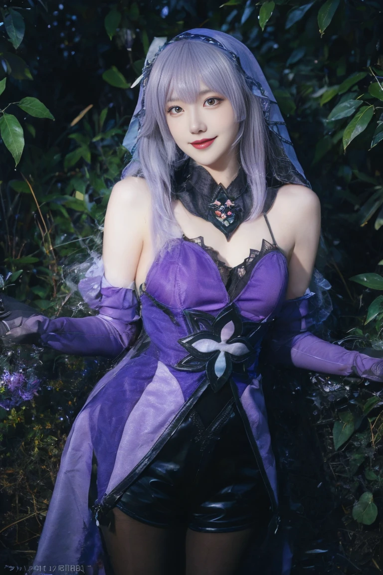    ulzzang-6500-v1.1,(raw photo:1.2),((photorealistic:1.30)), ((best quality)) ,((masterpiece)),((Ultra High Resolution)), ((Clear View)),,Ultra-high resolution,Clear face,（Reality：1.4) ,  illustration, an extremely delicate and beautiful, extremely detailed ,CG ,unity ,8k wallpaper, Amazing, finely detail, masterpiece,best quality,official art,extremely detailed CG unity 8k wallpaper,absurdres, incredibly absurdres, huge filesize, ultra-detailed, highres, extremely detailed,beautiful detailed girl, extremely detailed eyes and face, beautiful detailed eyes,light on face,cinematic lighting, 1girl, 独奏, looking at viewer, smile, standing, cowboy shot, blackswan cosplay costume, elbow gloves, cosplay, gauntlets, gloves, dress, purple dress, pantyhose, (veil), hood, shorts, (garden background:1.3), Night sky, shooting stars, meadows, trees, fallen leaves,Arms behind back, Tree, Flower,