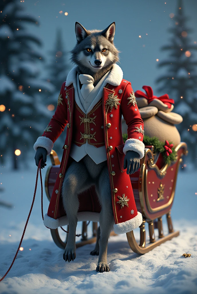 an elegant werewolff wearing a Christmas suit and holding a bag of gifts, Christmas decoration at night
