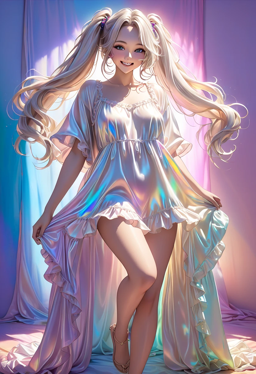 beautiful woman, shiny silky fluffy loose messy wavy twin tails, amorous and lewd expression, cute smile, superlative great body proportion, wearing iridescent ivory loose baggy satin dress on bare skin, fluffy pastel colorful colored room background, effective effects, bold and dynamic, contrasts of light and shadow, 2.5D, ultra detailed, absolutely resolution, masterpiece