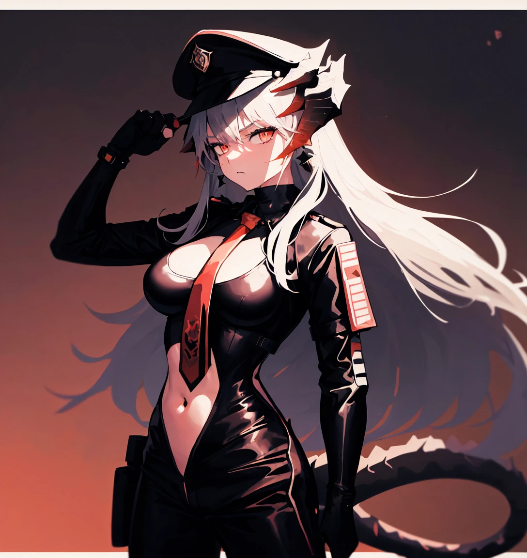 1girl, solo, saria_(arknights), breasts, hat, fingerless_gloves, large_breasts, official_alternate_costume, long_hair, tail, gloves, horns, looking_at_viewer, hand_on_hip, dragon_horns, black_gloves, black_headwear, police_hat, grey_hair, covered_navel, dragon_tail, swimsuit, bikini, peaked_cap, cowboy_shot, brown_eyes, black_bikini, bangs, jewelry, holding, necktie, earrings, bodysuit, closed_mouth, piercing, hair_between_eyesThe image shows an anime character in black leather clothes. The man is dressed in a tight-fitting jumpsuit and black gloves, has long blond hair. He wears a cap with an emblem on his head. In one hand, the character holds a long object similar to a baton or cue. There are dark shades in the picture that emphasize the details of the costume and accessories.,NSFW