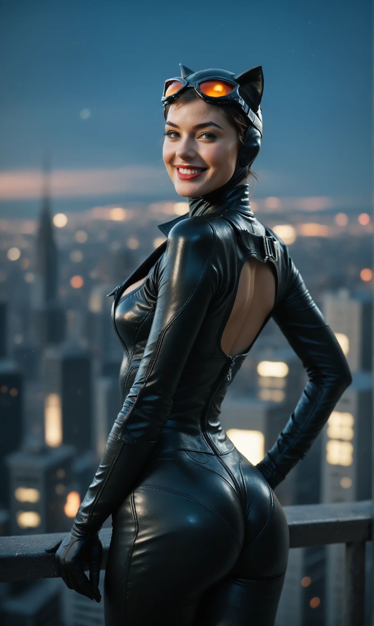 score_9, score_8_up, score_7_up, score_6_up, photo, realism, photorealistic, from behind, round ass, cowboy shot, catwoman, cleavage, posing, smile, looking at viewer, skyscraper roof, night, moonlight, depth of field, bokeh