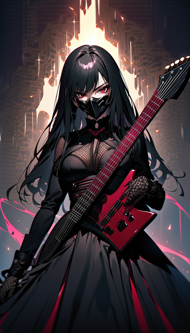 She wears a black face mask, resembling Mileena from Mortal Kombat. This moody portrait features a goth girl standing, her black hair contrasting with the dim background. She plays a sleek black electric guitar, dressed in a lace-detailed corset and flowing skirt. Her determined expression and the low lighting create a dramatic, melancholic gothic ambiance, emphasizing her passion for music.