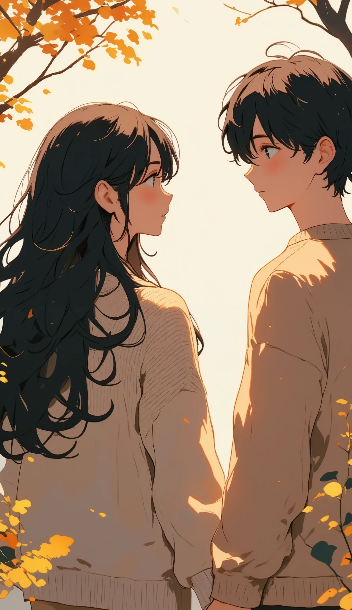  Blurred Background,  top quality,  black hair,  woman in knitted sweater, Men in knitted sweaters,  walking hand in hand, Close up of hands ,  illustration ,  Ghibli style color,  soft light ,  gentle colors, 