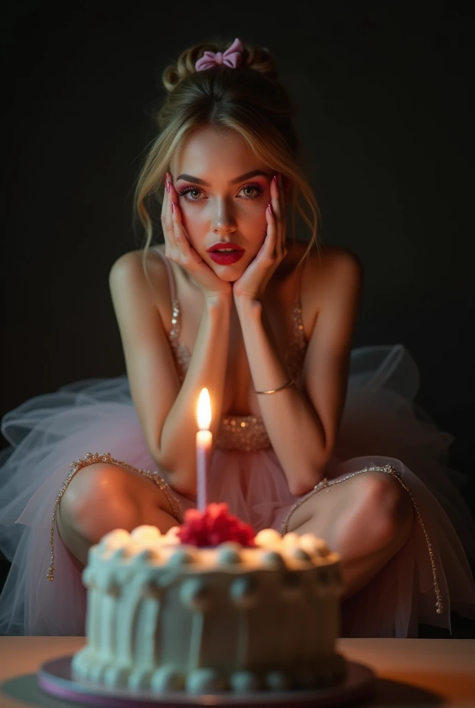 Blow out the candle flame on the cake with your breath,{{Best Quality}}, {{super detailed}},One girl,Downturned eyes,G Cup Breasts,drooping eyes ,Cute girl with black bob cut hairstyle and white marble glowing skin,,Cute Girl,Oval face shape ,slender,Detailed portrait of the perfect lovely girl, slim, Face , Futuristic , Teen, kwak ji young, Dreamy, Black eyes, Cinematic lighting, Innocent, Highly detailed, Sharp Focus, Smooth, art  stations, Convoluted,Ballet dancer ,awardwinning, Pure aura, Anime, Highly detailed CG Unity 8k wallpaper of girl with perfect symmetrical confident face with black mid-cut hairstyle and blushing cheeks , taken by Canon EOS, Sigma Art Lens 28mm f4, ISO 200 Shutter Speed 2000