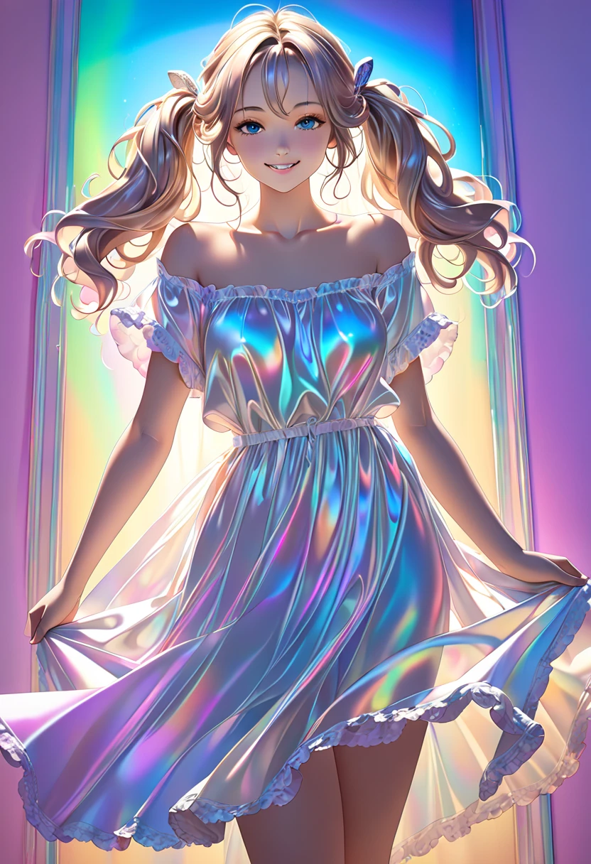 beautiful woman, shiny silky fluffy loose messy wavy twin tails, amorous and lewd expression, cute smile, superlative great body proportion, wearing iridescent ivory loose baggy satin dress on bare skin, fluffy pastel colorful colored room background, effective effects, bold and dynamic, contrasts of light and shadow, 2.5D, ultra detailed, absolutely resolution, masterpiece