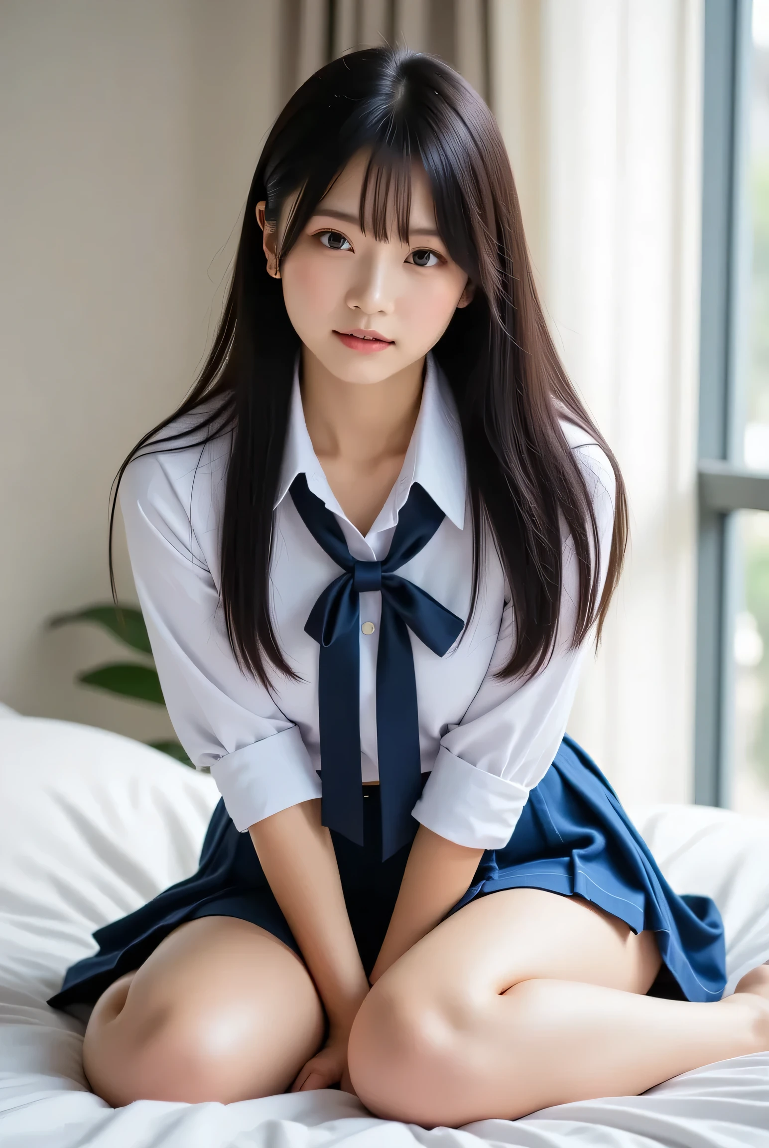 Alone、natural body shape、  white skin、 natural cosmetics 、  black hair、bangs、  long straight hair、、(expensive  、barefoot、  white blouse  、   Blue Plaid Pleated Skirt Covering White Panties)、、(  open legs:1.3)、((The upper body is wearing a uniform))、((((( camera )))))、(((whole body)))、((( Beautiful Eyes That Show Thighs   )))、bedroom、  on the bed、  behind your butt、((  focus on the crotch))