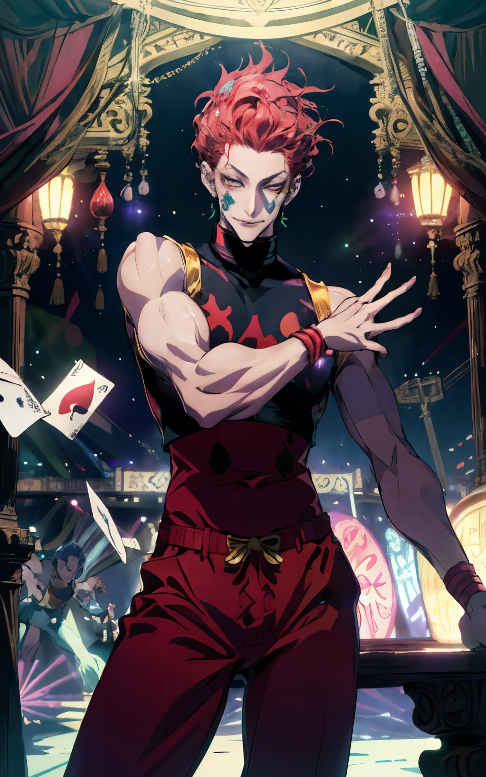 A breathtaking, ultra-detailed anime-style illustration of Hisoka Morow from Hunter x Hunter in an extravagant circus setting. Hisoka, with his signature sleeveless outfit, stands confidently under the vivid glow of neon circus lights. His mischievous smirk and sharp, piercing eyes exude an enigmatic aura. He balances effortlessly on a unicycle while juggling cards, each glowing faintly with an ethereal aura. The scene features an intricate, colorful circus tent in the background, with performers and acrobats faintly visible. Vibrant reds, purples, and gold dominate the color palette, creating a surreal and dreamlike atmosphere. The composition highlights his dynamic pose, with his hair catching the neon lights and his aura blending seamlessly into the whimsical, chaotic setting. (Masterpiece, best quality, ultra-high resolution, intricate details, cinematic lighting).