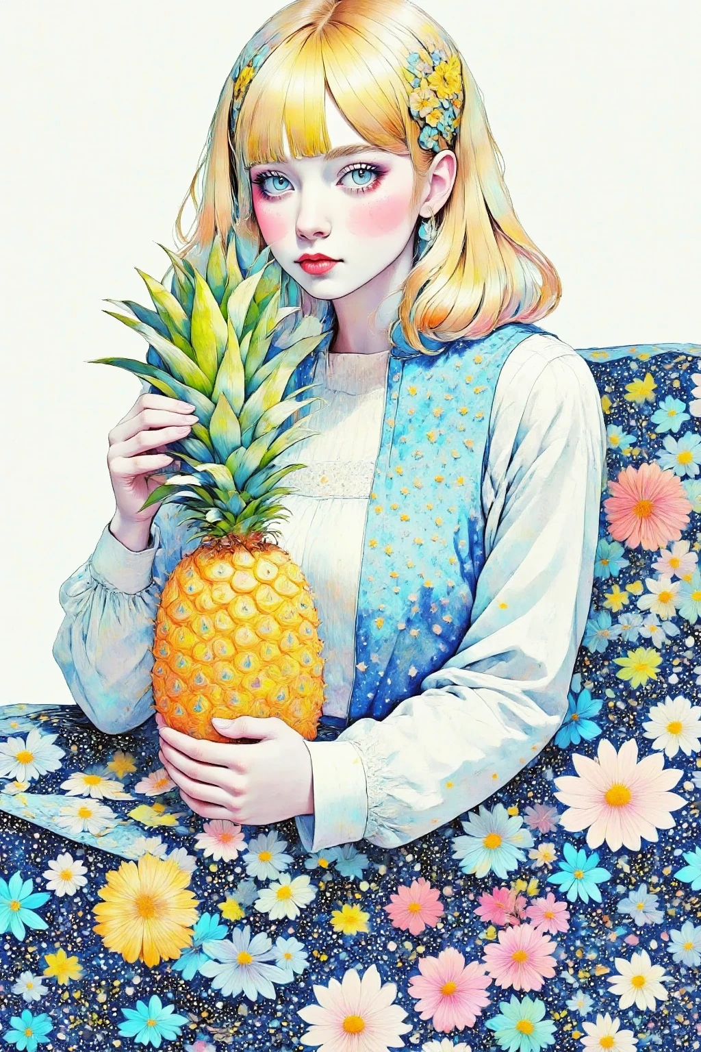 there is a コラージュ of a woman with a pineapple on a table, Pop Art Paintings  , Tumbler, futuristic,  colourful magazine collage,a contemporary artistic コラージュ,  Japanese 1 9 8 0's Album Cover ,  Postmodern Paintings ,  cut up collage 