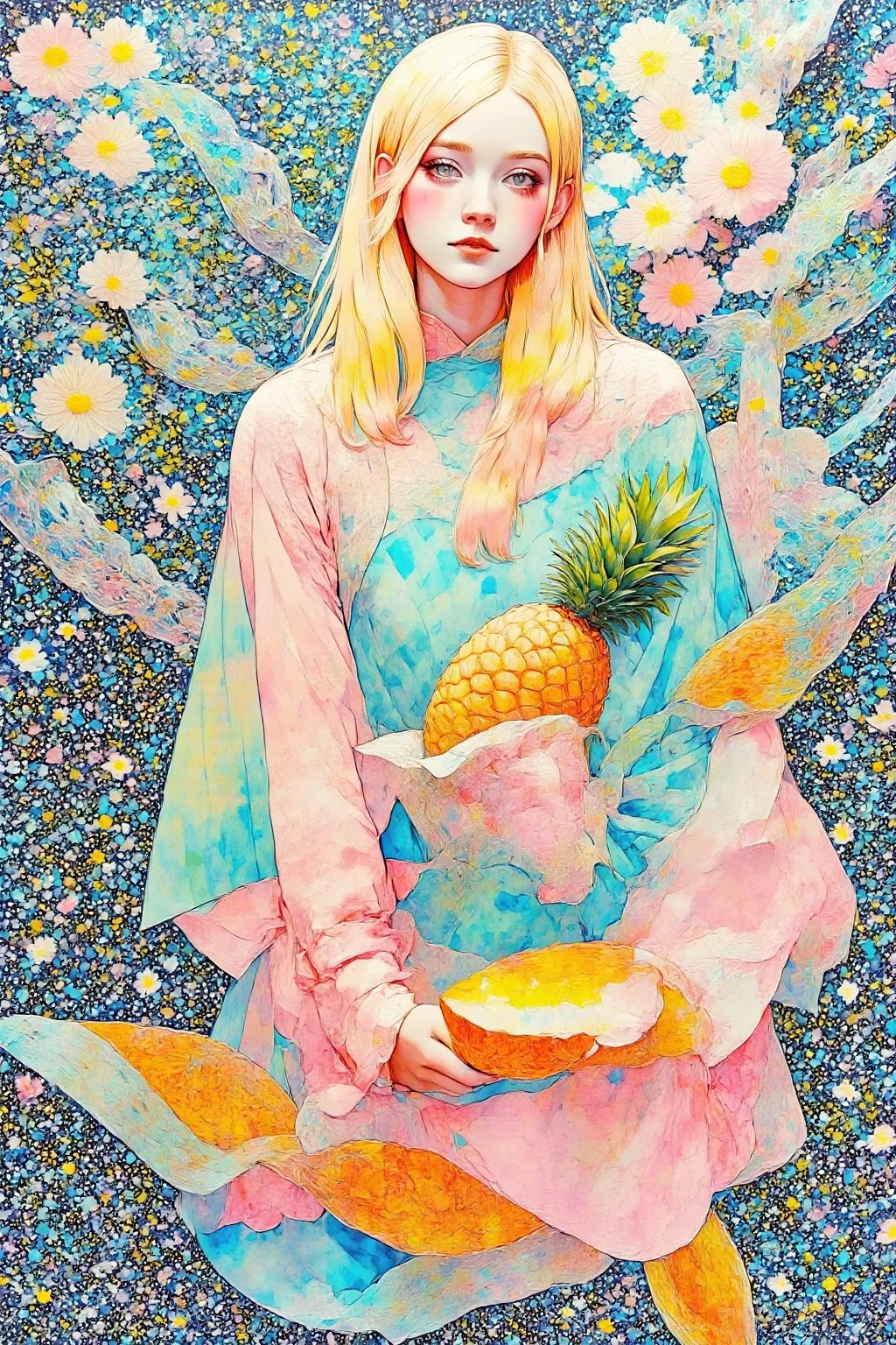 there is a コラージュ of a woman with a pineapple on a table, Pop Art Paintings  , Tumbler, futuristic,  colourful magazine collage,a contemporary artistic コラージュ,  Japanese 1 9 8 0's Album Cover ,  Postmodern Paintings ,  cut up collage 