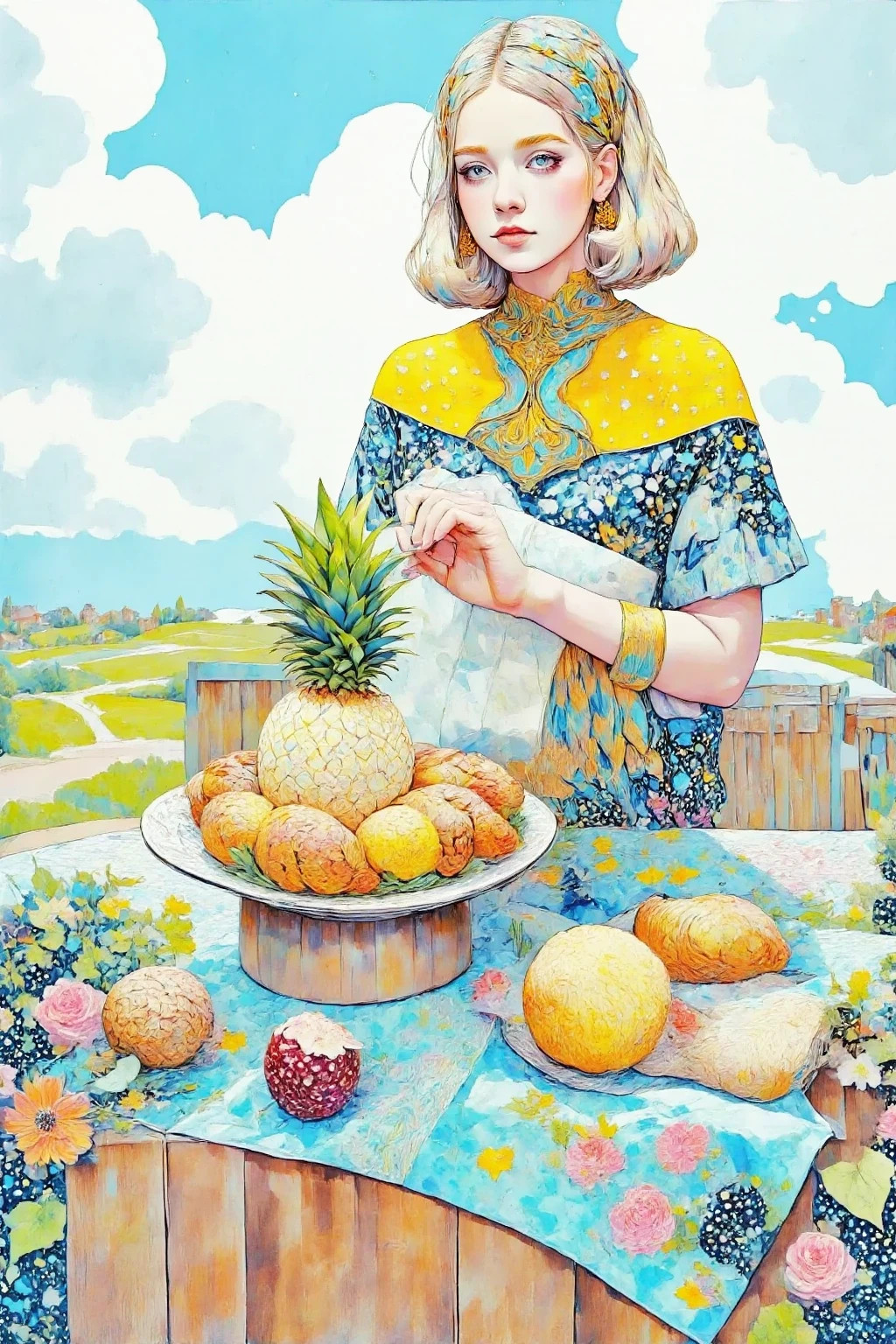 there is a コラージュ of a woman with a pineapple on a table, Pop Art Paintings  , Tumbler, futuristic,  colourful magazine collage,a contemporary artistic コラージュ,  Japanese 1 9 8 0's Album Cover ,  Postmodern Paintings ,  cut up collage 