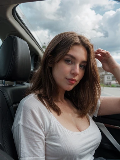  Photo of a beautiful 24-year-old Swedish girl  . From below,  medium length dark brown hair  ,  He wears a long, loose white t-shirt that covers her entire body , (  dark brown eyes  :1.2),  skinny, pale skin,   arrogant smile,   with an air of superiority  ,   busty  ,   giant breasts, outside, Rural village ,  United Kingdom  ,   blurry background  , Clouds in the background, Cloudy day,   is sitting in a car drinking a soda with one remote control and holding a wallet with the other 