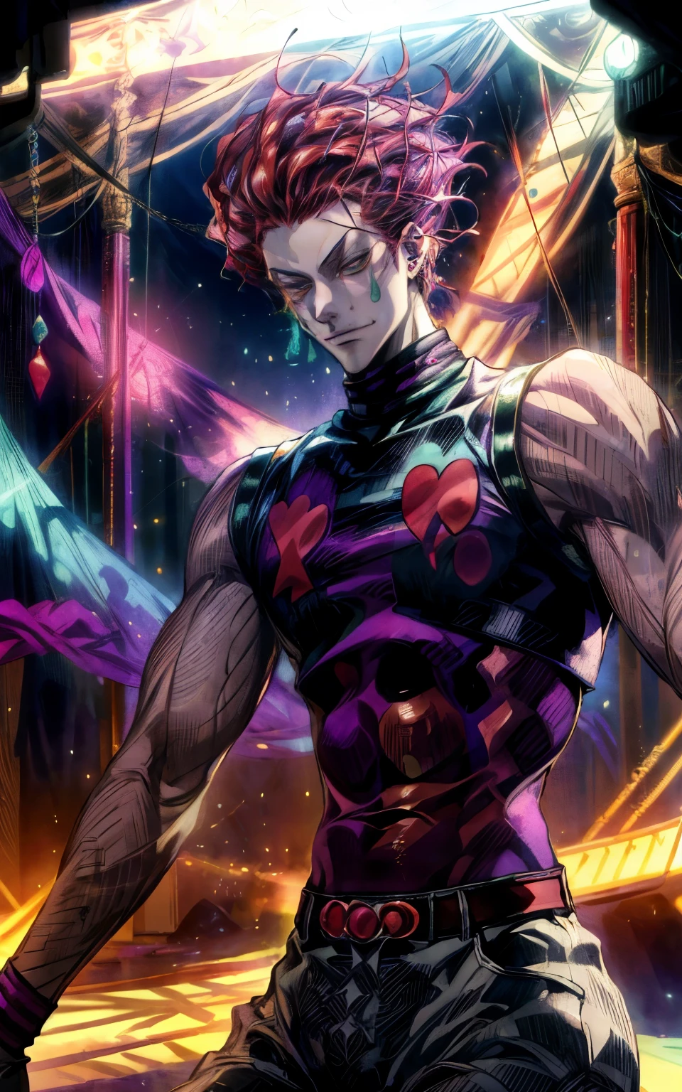 A breathtaking, ultra-detailed anime-style illustration of Hisoka Morow from Hunter x Hunter in an extravagant circus setting. Hisoka, with his signature sleeveless outfit, stands confidently under the vivid glow of neon circus lights. His mischievous smirk and sharp, piercing eyes exude an enigmatic aura. He balances effortlessly on a unicycle while juggling cards, each glowing faintly with an ethereal aura. The scene features an intricate, colorful circus tent in the background, with performers and acrobats faintly visible. Vibrant reds, purples, and gold dominate the color palette, creating a surreal and dreamlike atmosphere. The composition highlights his dynamic pose, with his hair catching the neon lights and his aura blending seamlessly into the whimsical, chaotic setting. (Masterpiece, best quality, ultra-high resolution, intricate details, cinematic lighting).