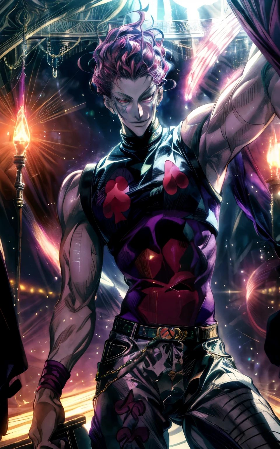 A breathtaking, ultra-detailed anime-style illustration of Hisoka Morow from Hunter x Hunter in an extravagant circus setting. Hisoka, with his signature sleeveless outfit, stands confidently under the vivid glow of neon circus lights. His mischievous smirk and sharp, piercing eyes exude an enigmatic aura. He balances effortlessly on a unicycle while juggling cards, each glowing faintly with an ethereal aura. The scene features an intricate, colorful circus tent in the background, with performers and acrobats faintly visible. Vibrant reds, purples, and gold dominate the color palette, creating a surreal and dreamlike atmosphere. The composition highlights his dynamic pose, with his hair catching the neon lights and his aura blending seamlessly into the whimsical, chaotic setting. (Masterpiece, best quality, ultra-high resolution, intricate details, cinematic lighting).