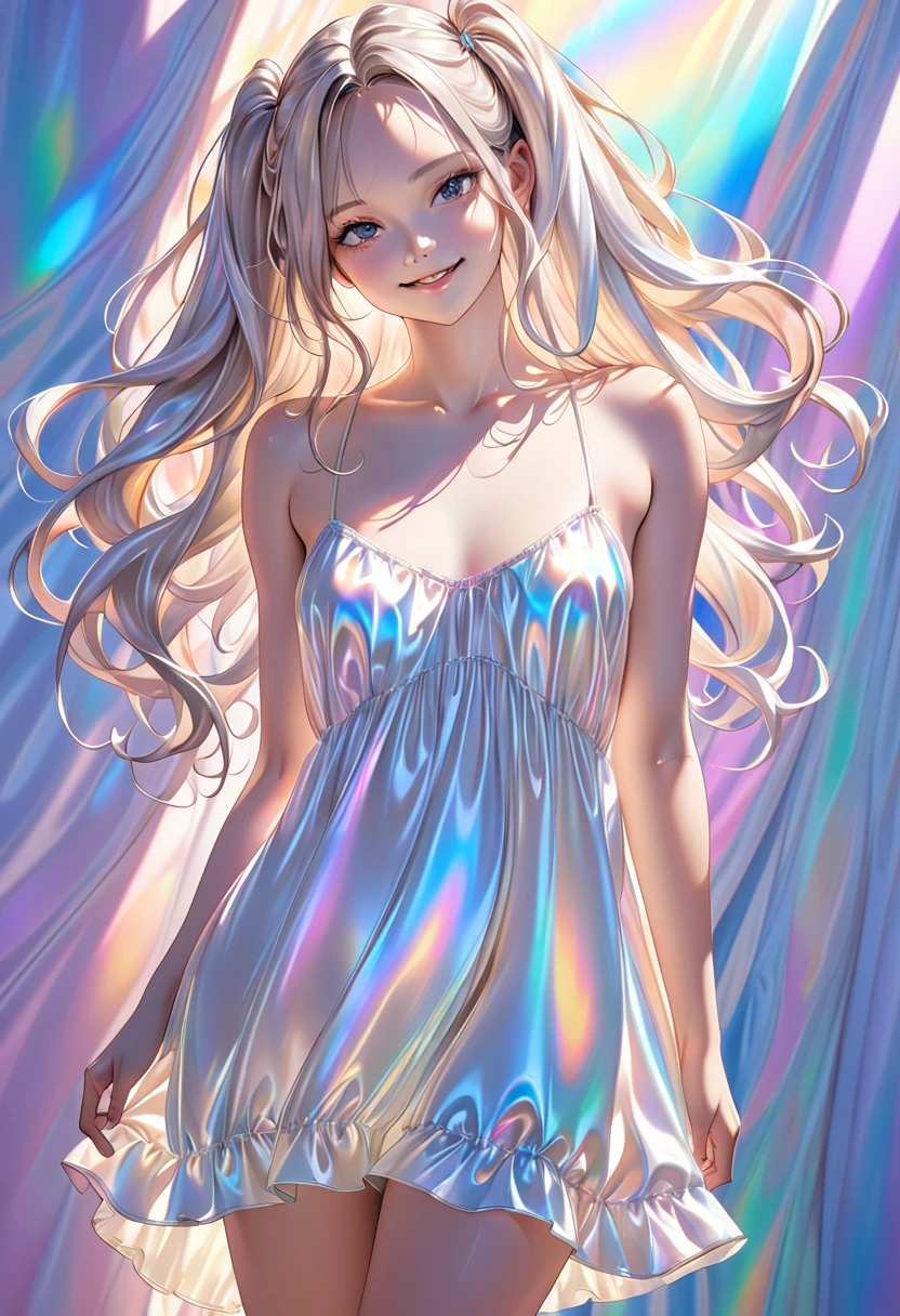 beautiful woman, shiny silky fluffy loose messy wavy twin tails, amorous and lewd expression, cute smile, superlative great body proportion, wearing iridescent ivory loose baggy satin dress on bare skin, fluffy pastel colorful colored room background, effective effects, bold and dynamic, contrasts of light and shadow, 2.5D, ultra detailed, absolutely resolution, masterpiece