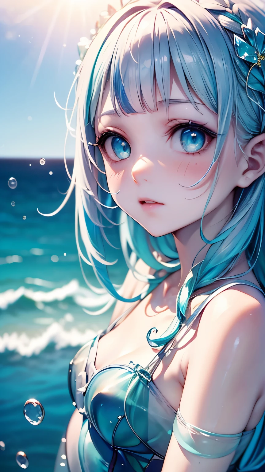 art by Cornflower, Dreamy, (A petite girl with beautiful eyes. The photo's depth of field was perfect ,  lens flare sitting in a warm room adds a nice touch. Her facial features really stood out., The score for this photo was definitely above 10 . Background,  The girl of 、 there was a beautiful ocean with crystal clear water and drops of water on the surface .   It was a great photo that really captured the beauty of the girl and water .)