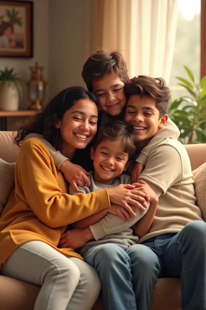 a warm cozy home, 1 mother with your 2 boys and 1 girl playing together, extremely detailed faces, beautiful detailed eyes