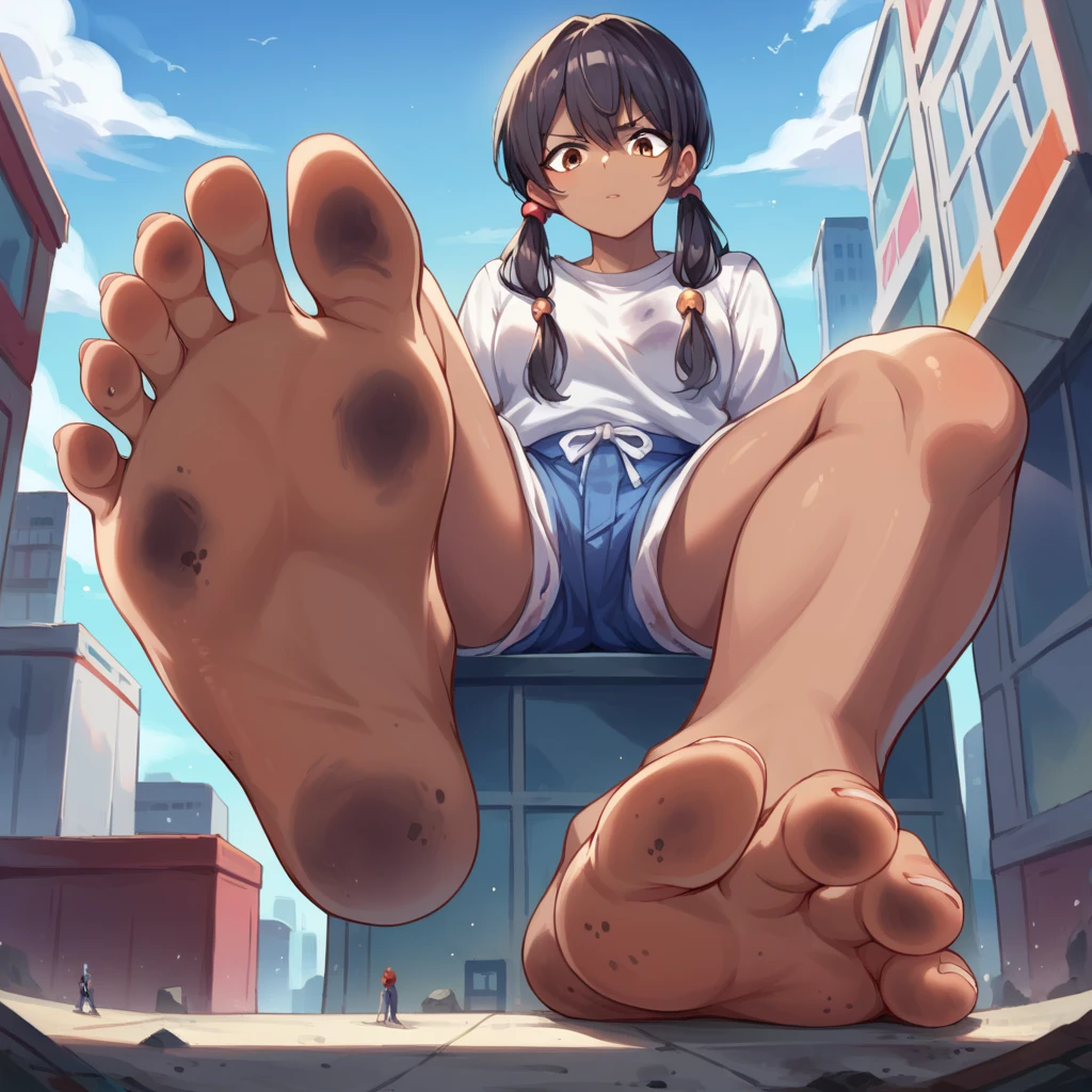 score_9, score_8_up, score_7_up, source_anime,  BREAK      pov: seated giantess presents feet,barefoot,dirty feet,dirty,solo,soles,foreshortening,looking at viewer,sitting,Shorts Blue,long hair,White Shirt,Brown skin tone, black hair, pigtails,city