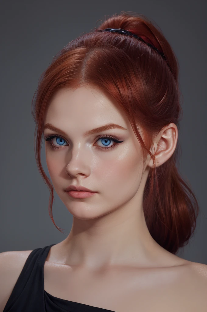 woman with medium ponytail hairstyle , Auburn-red-hair,  pale,soft body,eyeliner,portrait,blue eyes,eyeliner, Caravaggio's paintings、Chiaroscuro of Caravaggio , simple background