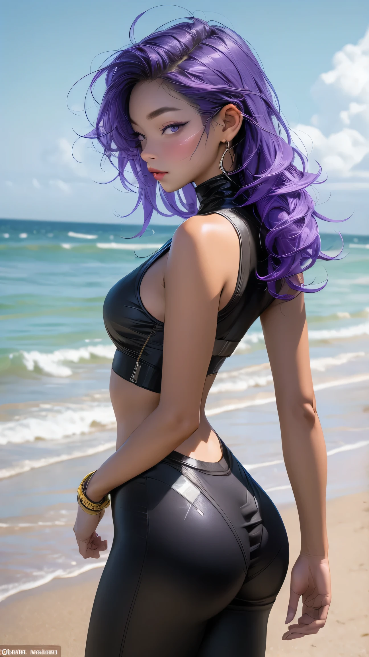 ((masterpiece), best quality, high quality, professional quality, highly detailed, highres, perfect lighting, natural lighting), (1girl, beautiful, medium breasts, (multicolored hair, black hair,blue hair,brown hair, long hair, high ponytail), perfecteyes eyes), (wearing cheetah print, extremelyBeautiful_beautifulclotheswild/Extremely beautiful clothes), on the beach, walking the boardwalk, <lyco:locon_perfecteyes_v1_from_v1_64_32:0.6>
